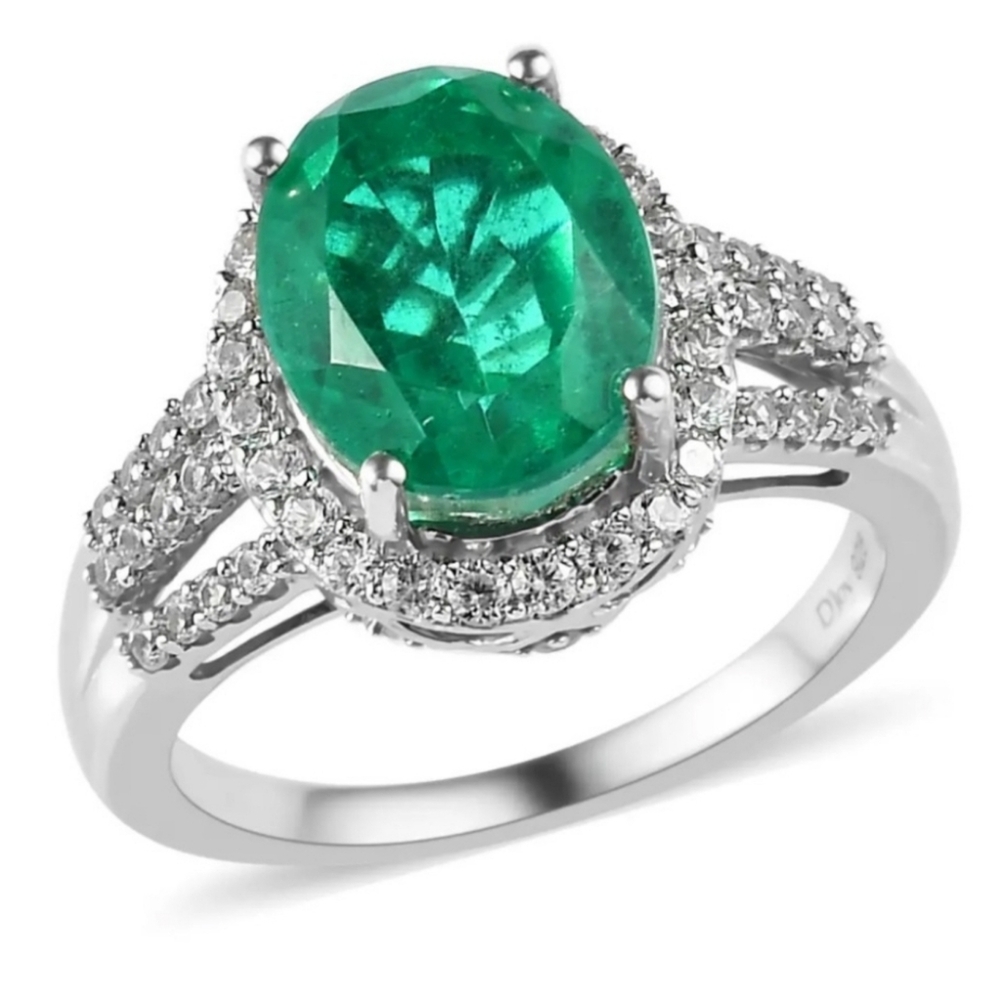 Exquisite Emeraldine Quartz & Moissanite Ring Platinum over Sterling Silver Sz 8 - Picture 4 of 12